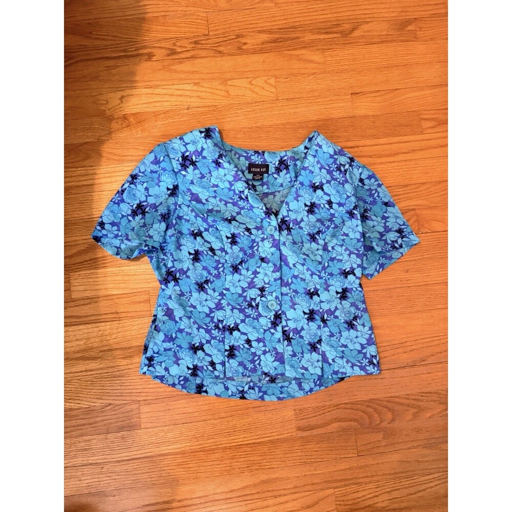 Leslie Fay Blue Purple Floral Chiffon Collared Button Blouse Short Sleeve 12P